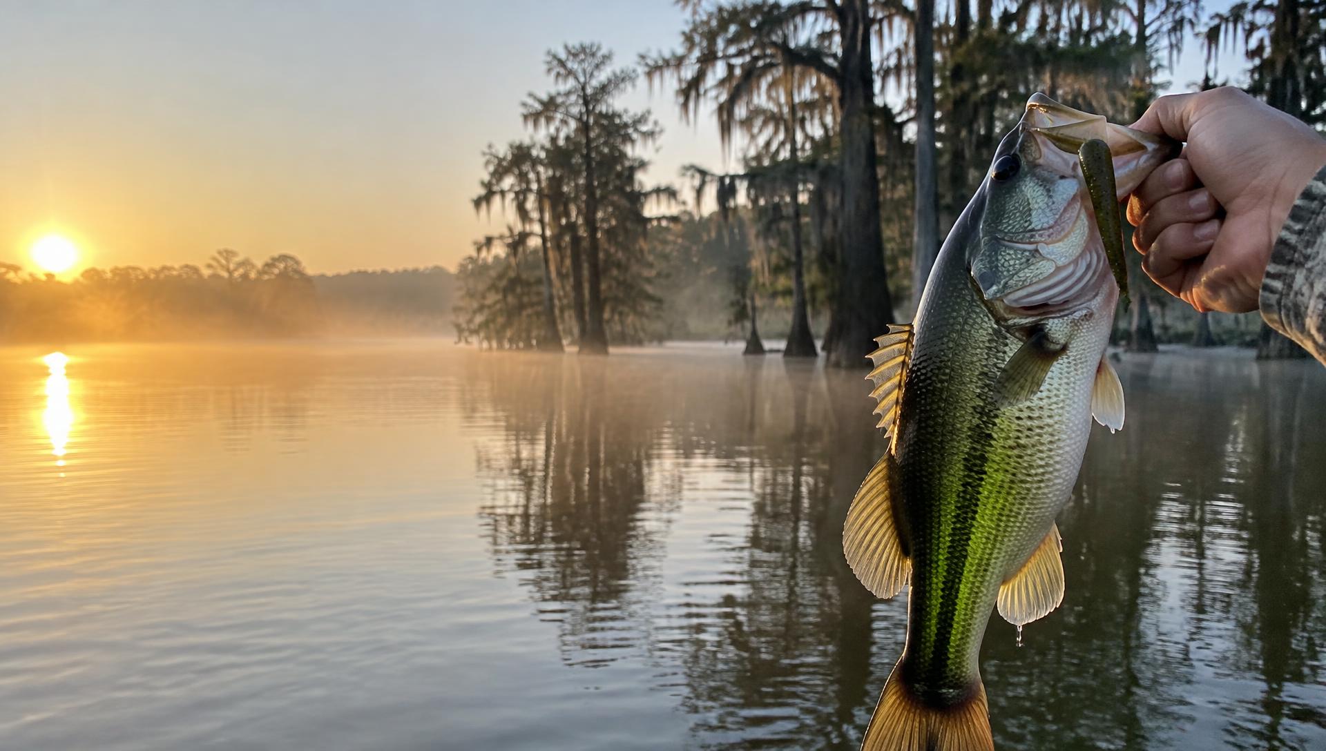 Largemouth bass caught on a soft plastic bait at sunrise on a Texas lake